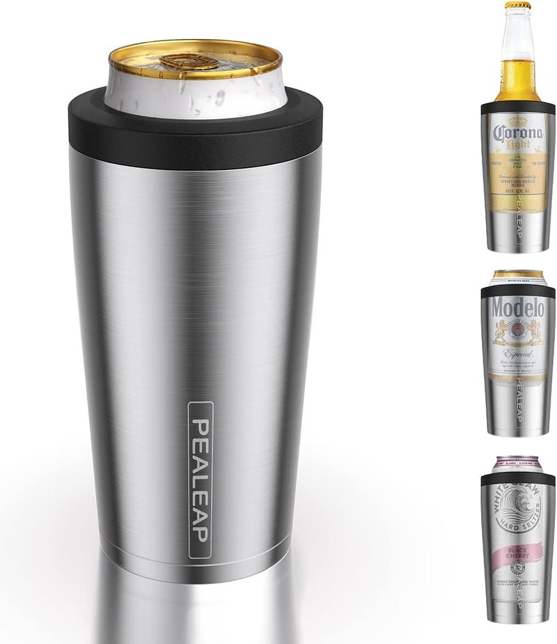 PEALEAP 4 in 1 Insulated Slim Can Cooler for 12 OZ Cans and Beer Bottle - Keep 8 Hours Cold, Easy to Hold - Stainless Steel Can Holder, Double Walled Can Insulator for Hard Seltzer and More (Stainless Steel) - Image 1